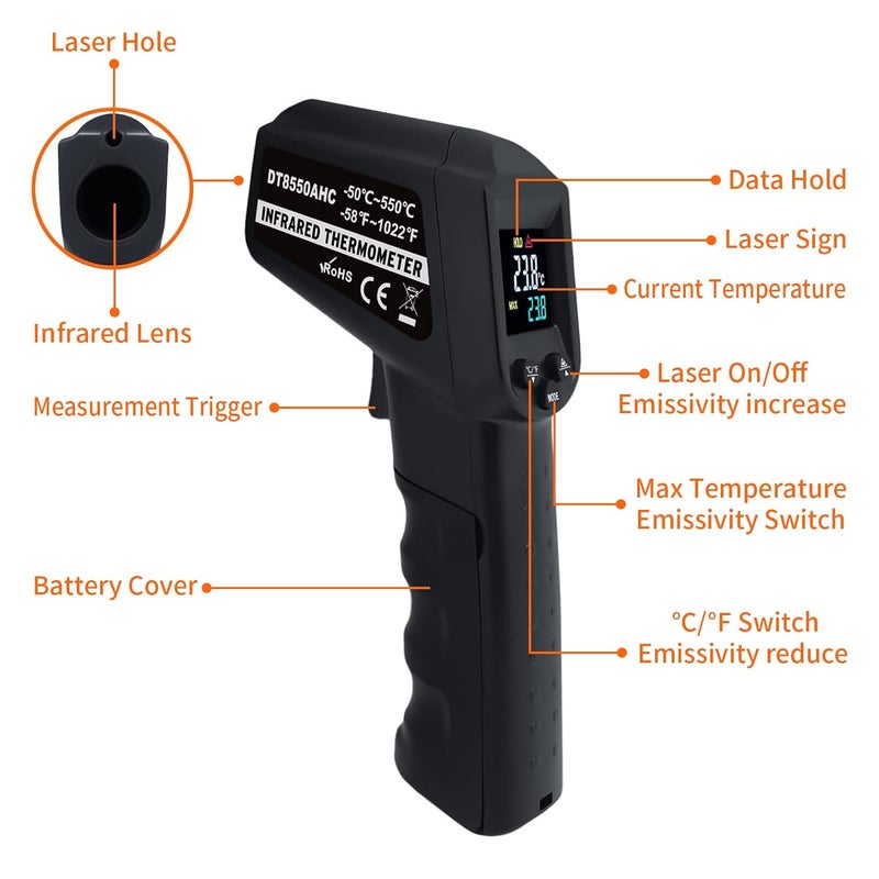 AHOSOUTLY Infrared Thermometer Temperature Gun -58℉~ 1022℉ (-50℃ ~ 550℃) Non-Contact Instant-Read Digital Laser Infrared Ir Thermometer with Color Screen (Black) - Image 3